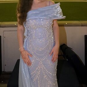 Blue Pearly Wedding Guest/Evening Dress One shoulder Mermaid, sleeves, modest